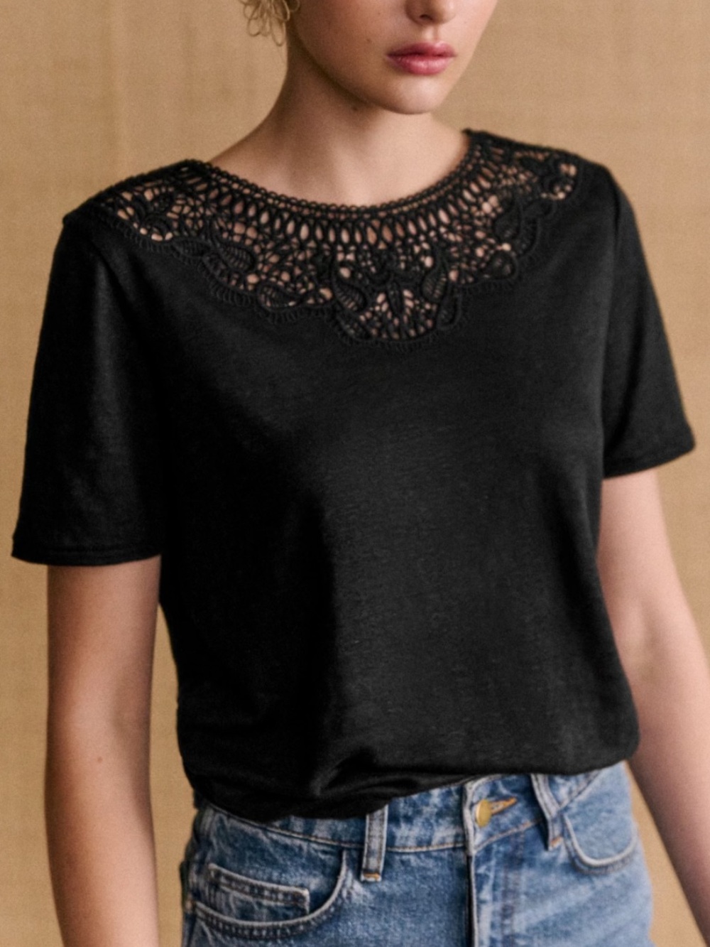 NWT Sézane Vilma T-Shirt Black Linen